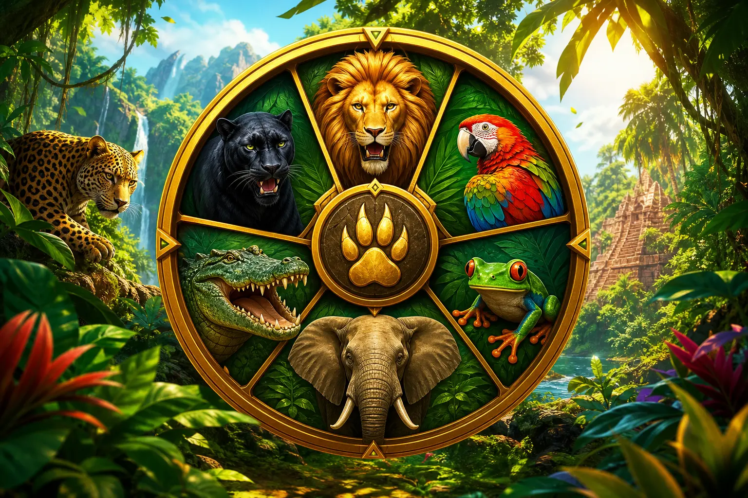Pantalla del juego Rueda Salvaje mostrando el tablero 5x3 con animales